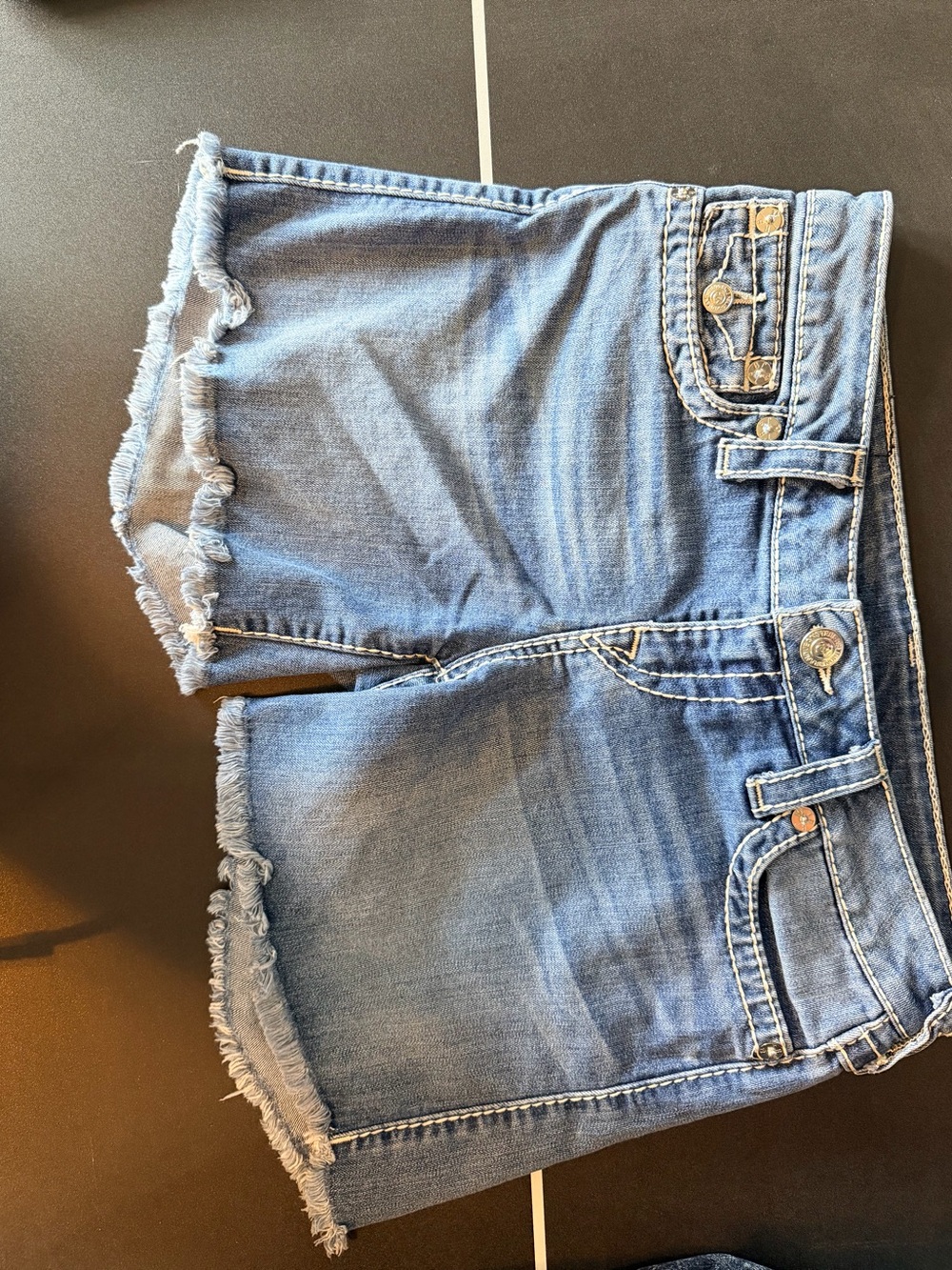 True Religion Women's Light Blue Distressed Denim Shorts